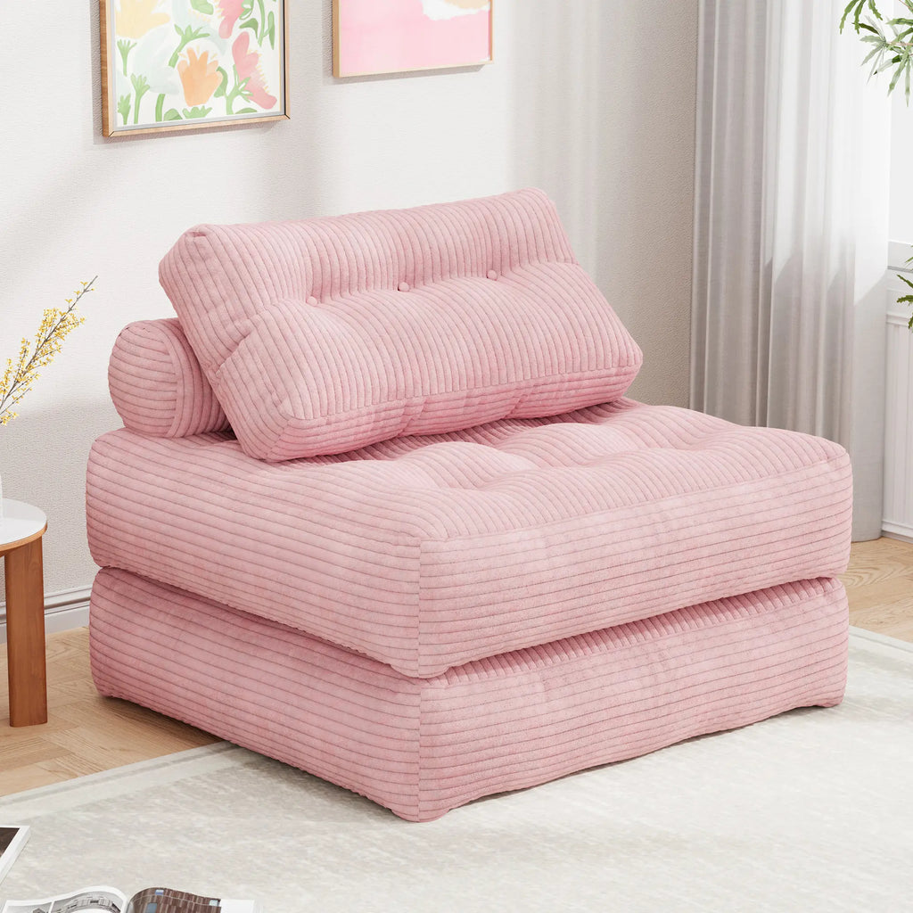 【Sweet Sofa Bed!!! 】Mr IRONSTONE Folding Sofa with Headrest, Convertible Sleeper Chair with Pillow Foldable Mattress with Back Support, Pink Gray Beige for Small Living Spaces