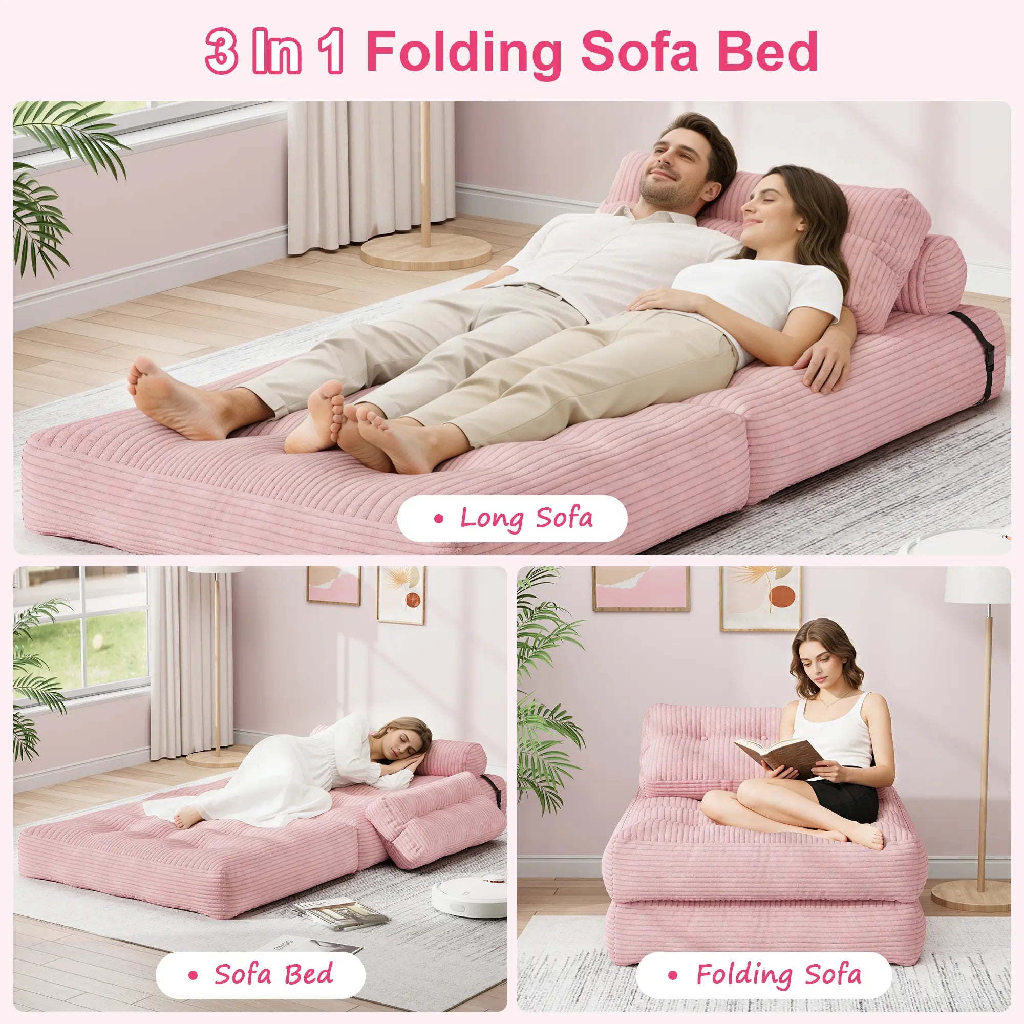 【Sweet Sofa Bed!!! 】Mr IRONSTONE Folding Sofa with Headrest, Convertible Sleeper Chair with Pillow Foldable Mattress with Back Support, Pink Gray Beige for Small Living Spaces